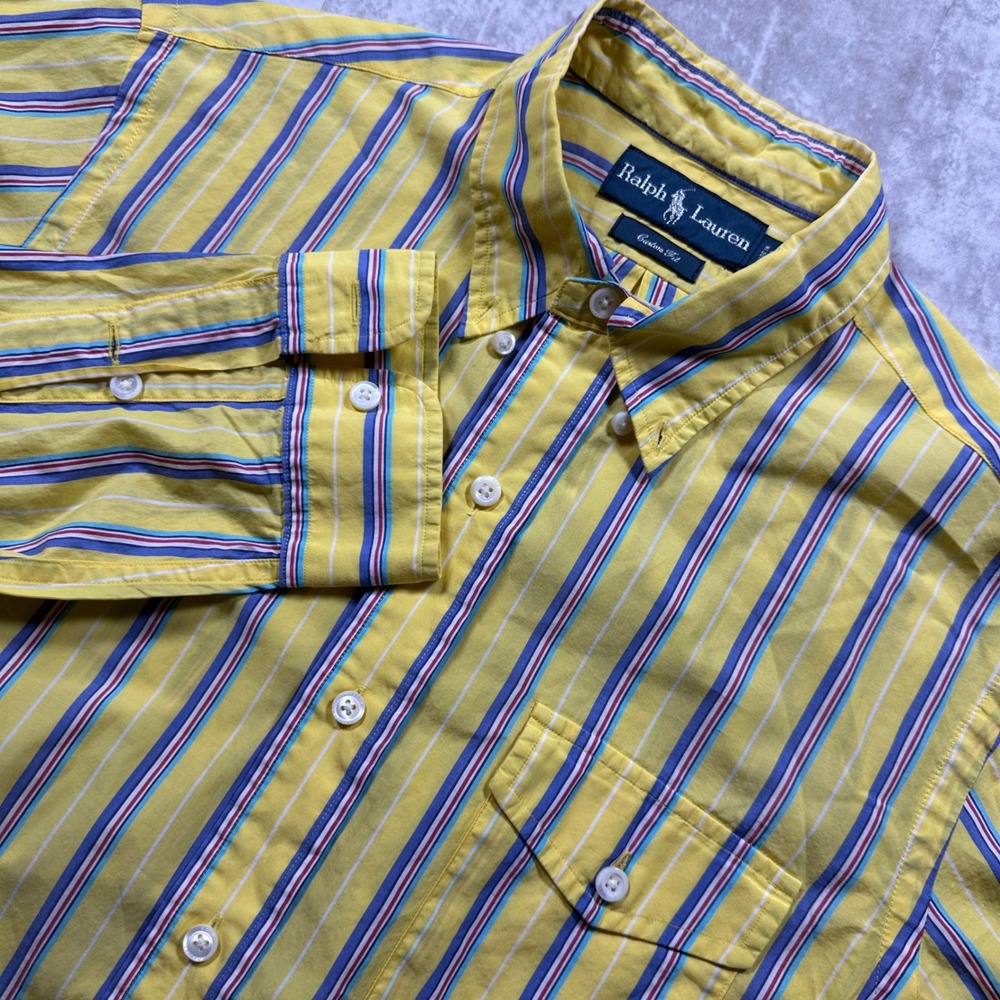 Ralph Lauren Button Down Shirt Men Medium Yellow Striped Custom Fit Long Sleeve